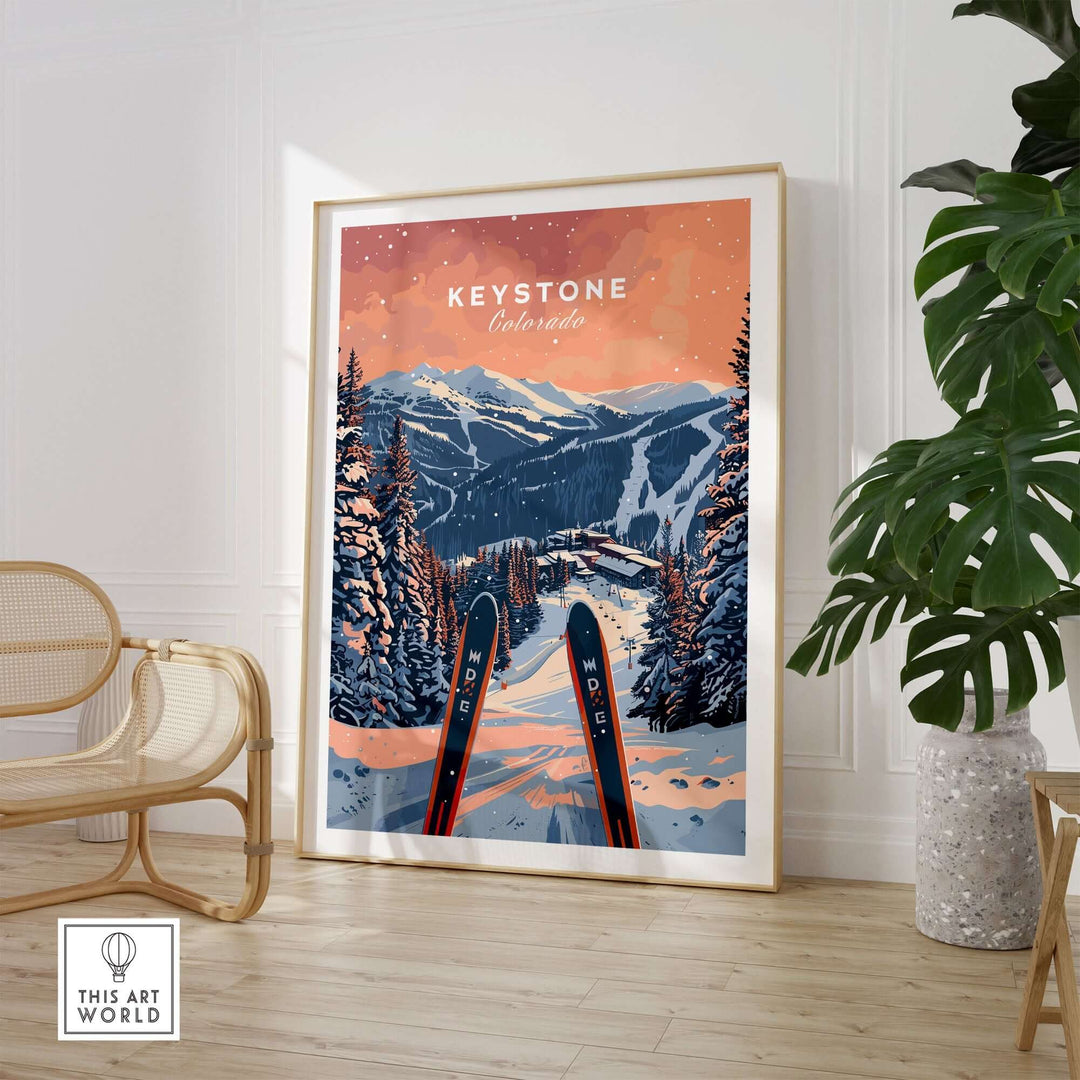 Keystone Ski Poster - Vibrant winter scene of Colorado mountains with skis, framed art in stylish room.