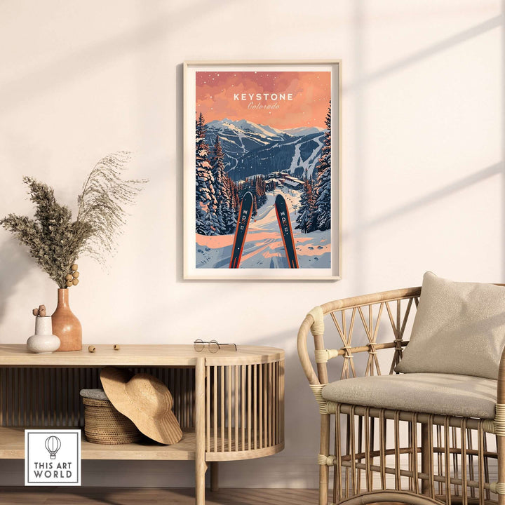 Keystone Ski Poster featuring a snowy mountain landscape in Colorado, displayed in a stylish living room setting.