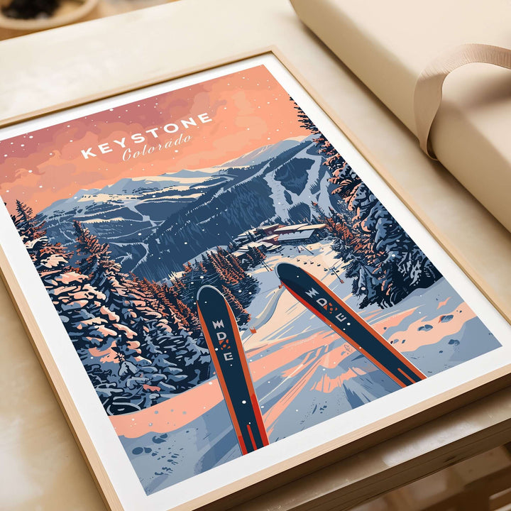 Keystone Ski Poster featuring snowy mountain landscape in Colorado with ski tracks and sunset hues.