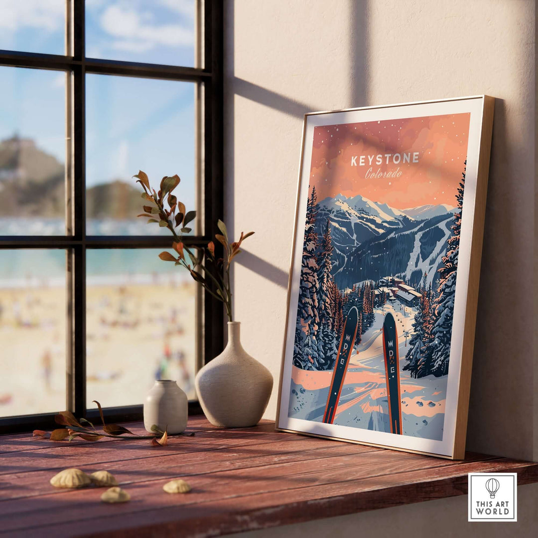 Keystone Ski Poster of Colorado displayed in a sunlit room with scenic mountain artwork.