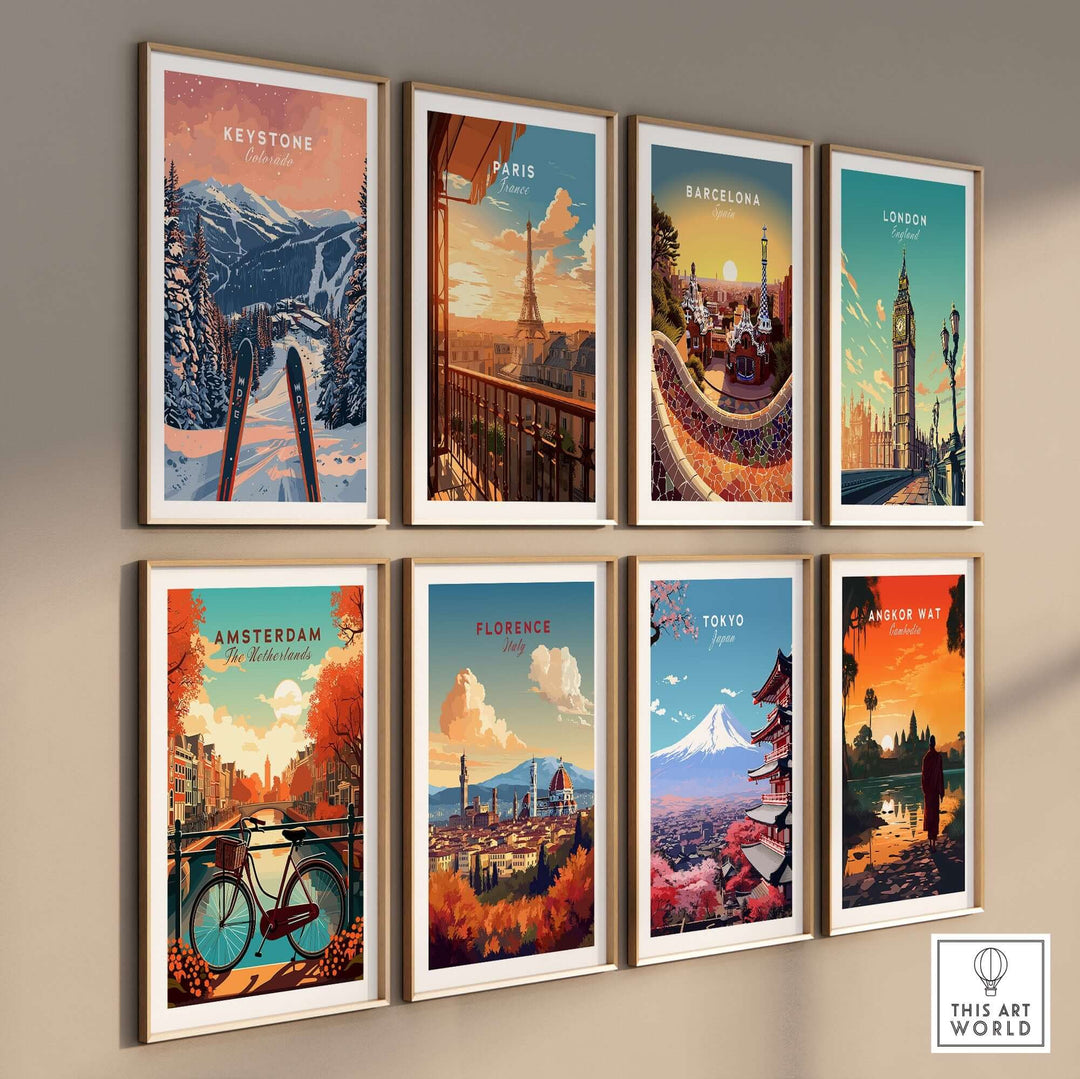 Wall display of travel posters featuring iconic landmarks, including Keystone ski scene, Paris, Barcelona, London, and more.