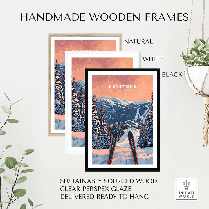 Keystone Ski Poster with handmade wooden frames in natural, white, and black options, featuring a Colorado mountain scene.