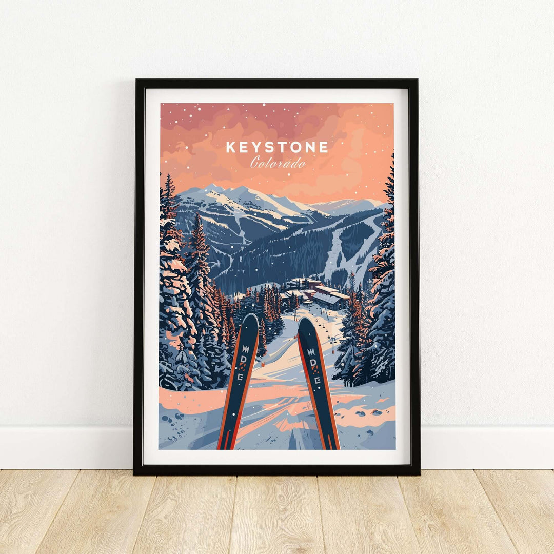 Keystone Ski Poster featuring snowy Colorado mountains and pine trees at sunset, with skis in the foreground.