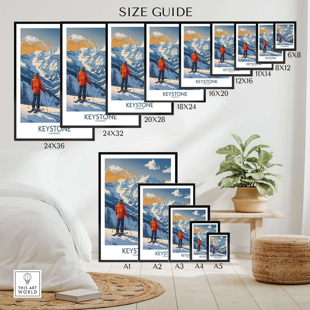 Keystone ski print size guide showcasing various frame options in a stylish interior setting.