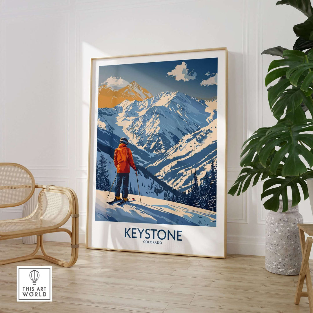 Keystone Ski Print showcasing a skier on slopes, highlighting Colorado's stunning mountains in a cozy home setting.