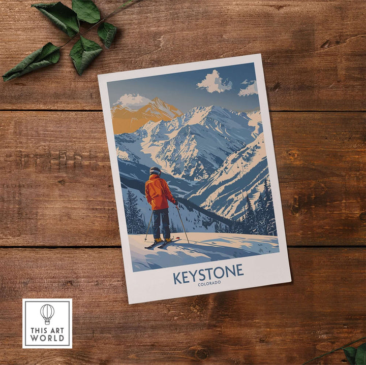 Keystone Ski Print featuring a skier on snowy mountains in Colorado, perfect for ski wall art and mountain decor.