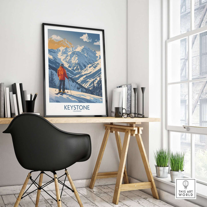 Keystone Ski Print in a modern room showcasing Colorado's majestic mountains and skier, perfect for winter enthusiasts.