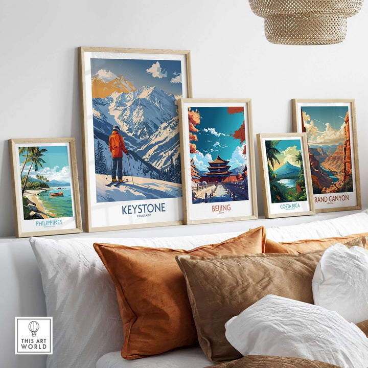 Keystone Ski Print among travel posters showcasing stunning landscapes in a stylish home decor setting.