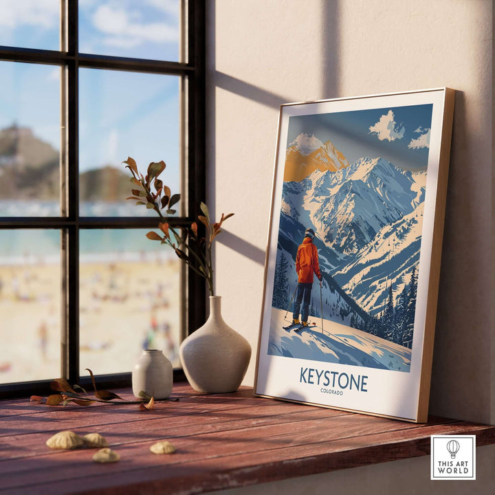 Keystone Ski Print showcasing Colorado's snowy mountains and a skier, perfect for winter enthusiasts and home decor.