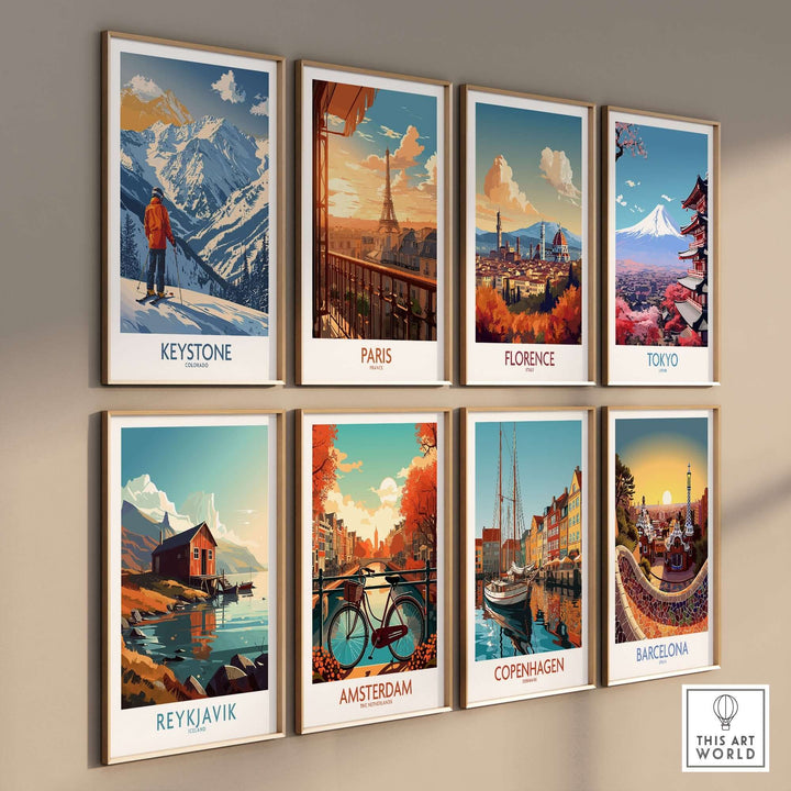 Colorful wall art prints of famous cities including Keystone, Paris, Florence, Tokyo, Reykjavik, Amsterdam, Copenhagen, and Barcelona.