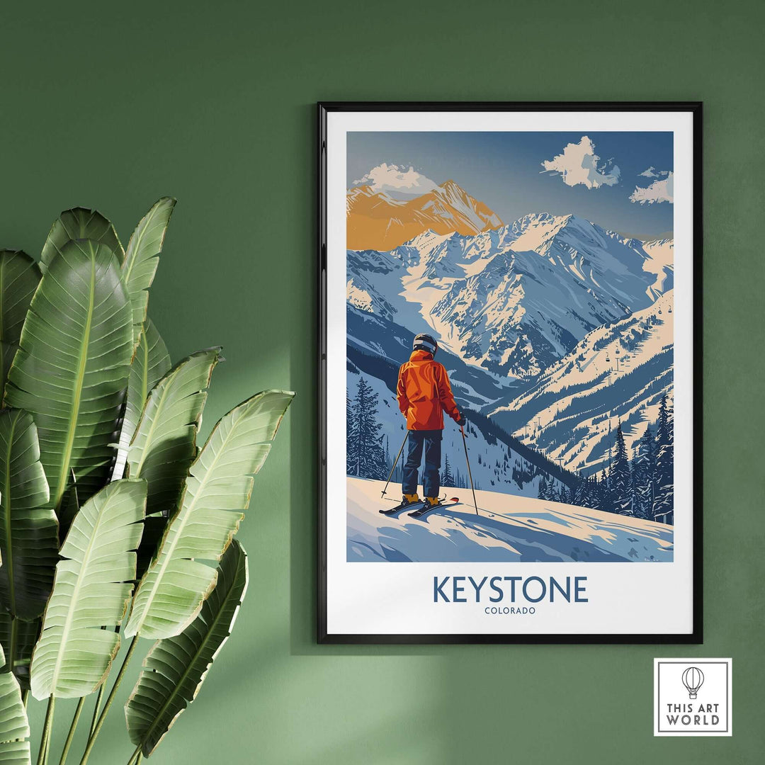 Keystone Ski Print showcasing colorful mountains and a skier, perfect for mountain and ski enthusiasts in Colorado.