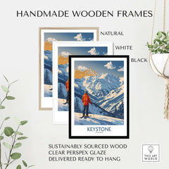 Handmade wooden frames in natural, white, and black for Keystone Ski Print, showcasing Colorado's stunning mountain landscape.