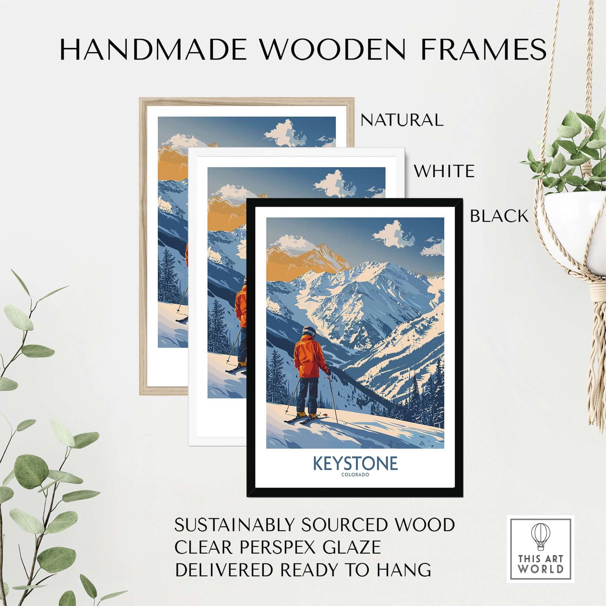 Handmade wooden frames in natural, white, and black for Keystone Ski Print, showcasing Colorado's stunning mountain landscape.