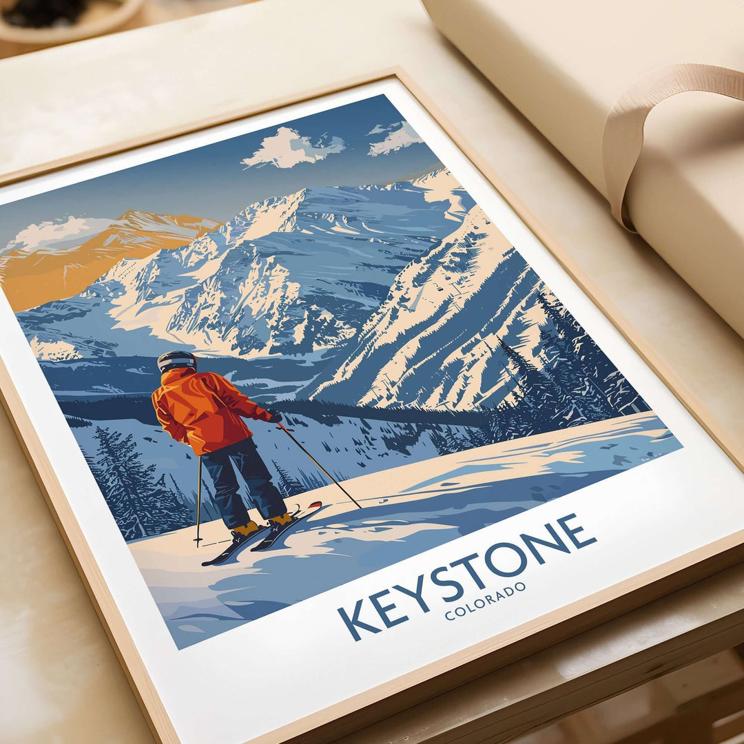 Keystone Ski Print showcasing a skier on snowy slopes with Colorado mountains in the background, perfect for mountain lovers.