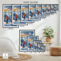 Size guide for Keystone Travel Poster featuring various frame sizes and a winter mountain scene.
