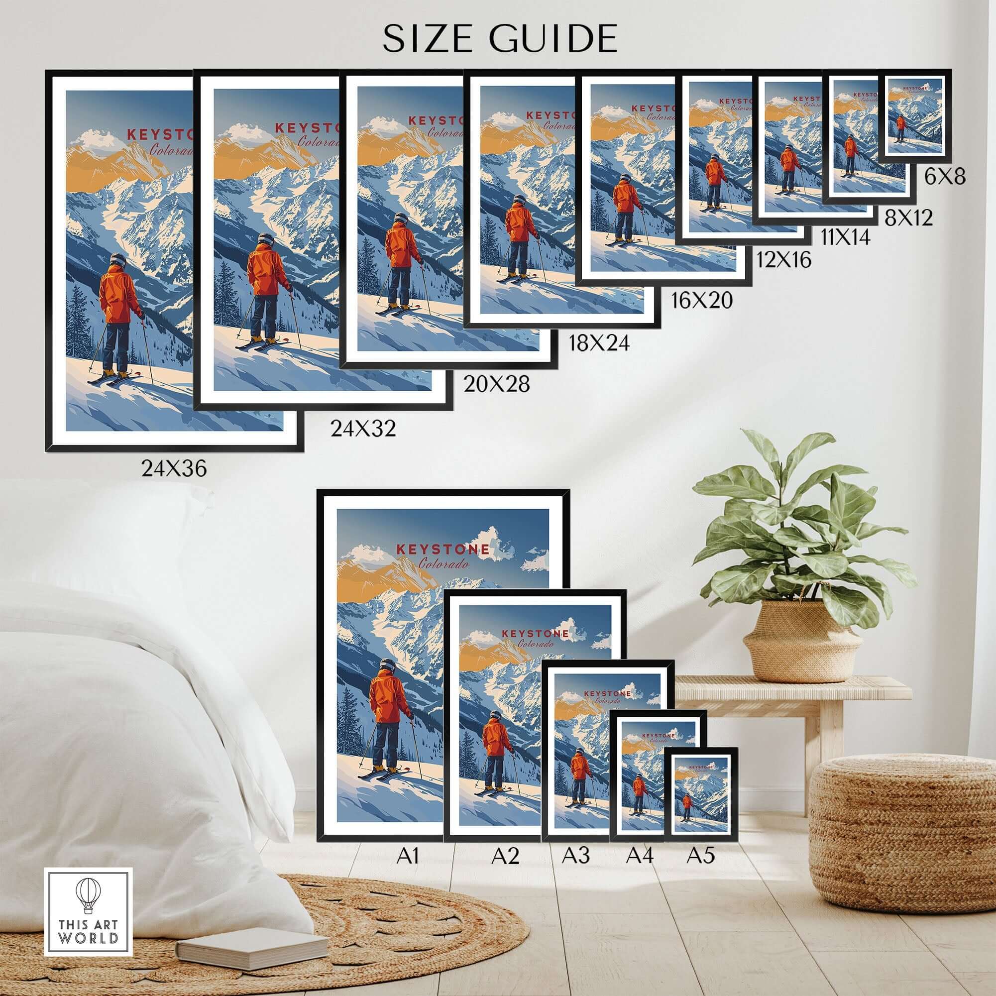 Size guide for Keystone Travel Poster featuring various frame sizes and a winter mountain scene.