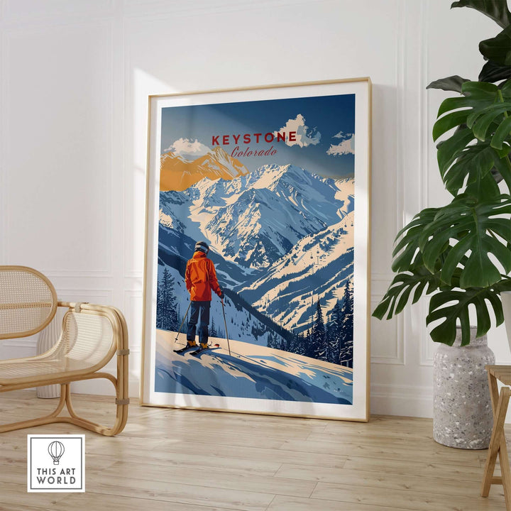 Keystone Travel Poster featuring a skier in Colorado's snowy mountains, perfect for winter sports enthusiasts and home decor.