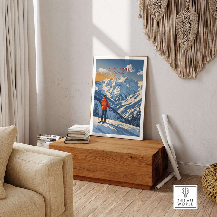 Keystone travel poster showcasing a skier in winter scenery, perfect for ski enthusiasts and adventure lovers.