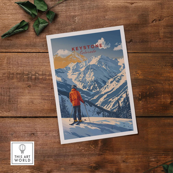 Keystone Travel Poster featuring a skier in Colorado's snowy mountains, perfect for winter sports enthusiasts and travel lovers.