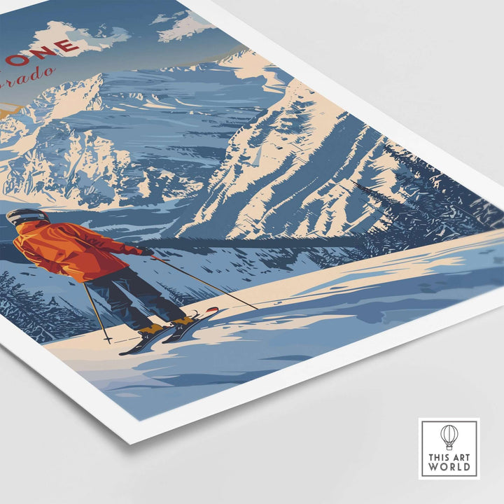 Keystone ski poster featuring a skier amidst snowy mountains, capturing Colorado's winter adventure spirit.