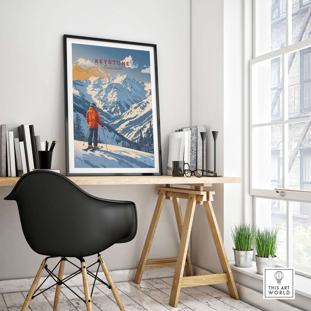 Keystone travel poster showcasing snowy mountains and skier in a modern interior setting, perfect for winter decor.