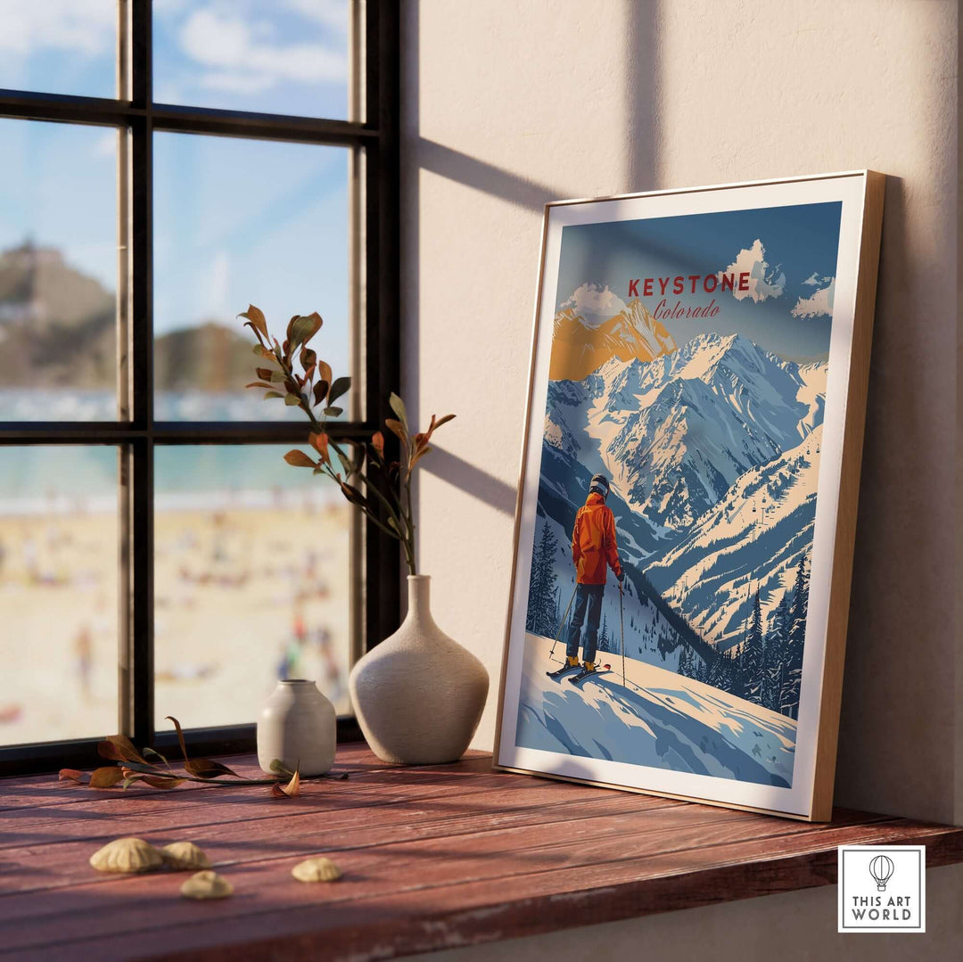 Keystone Travel Poster showcasing snowy mountains and a skier, capturing the excitement of Colorado's Keystone ski resort.