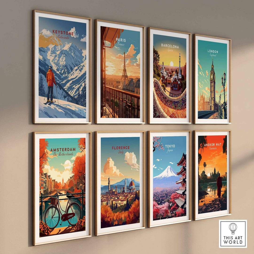 Collection of vibrant travel posters featuring Keystone, Paris, Barcelona, London, Amsterdam, Florence, Tokyo, and Angkor Wat.