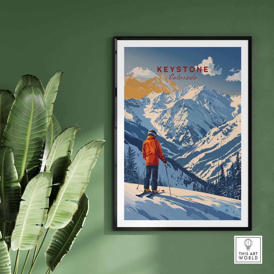 Keystone Travel Poster showcasing a skier on snowy mountains in Colorado, perfect for ski enthusiasts and winter decor.