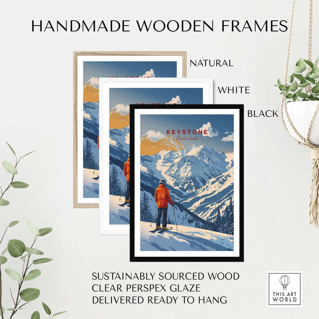 Handmade wooden frames for Keystone travel poster in natural, white, and black finishes, ready to hang and sustainably sourced.