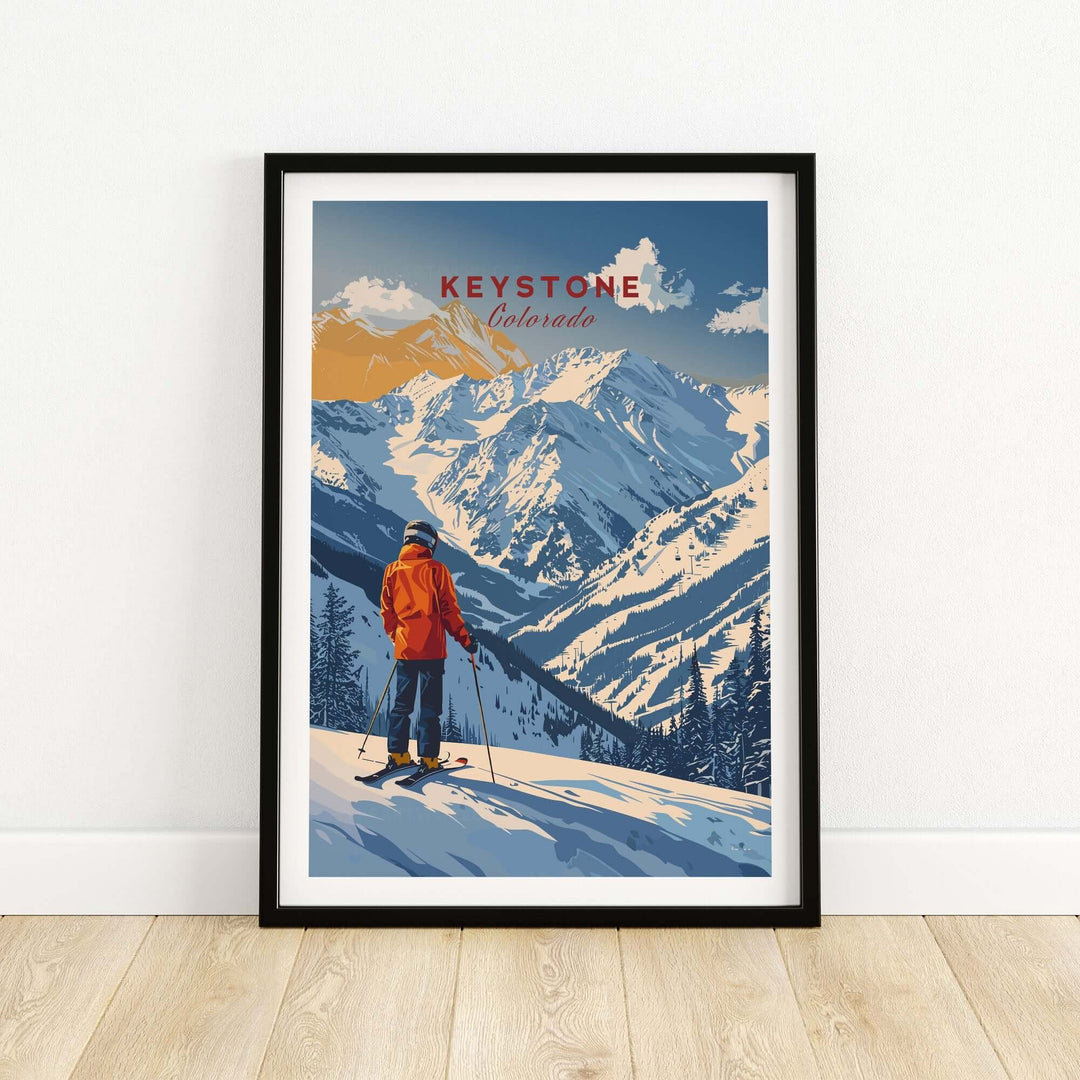 Keystone Colorado travel poster featuring a skier in a winter landscape with majestic mountains and blue skies.