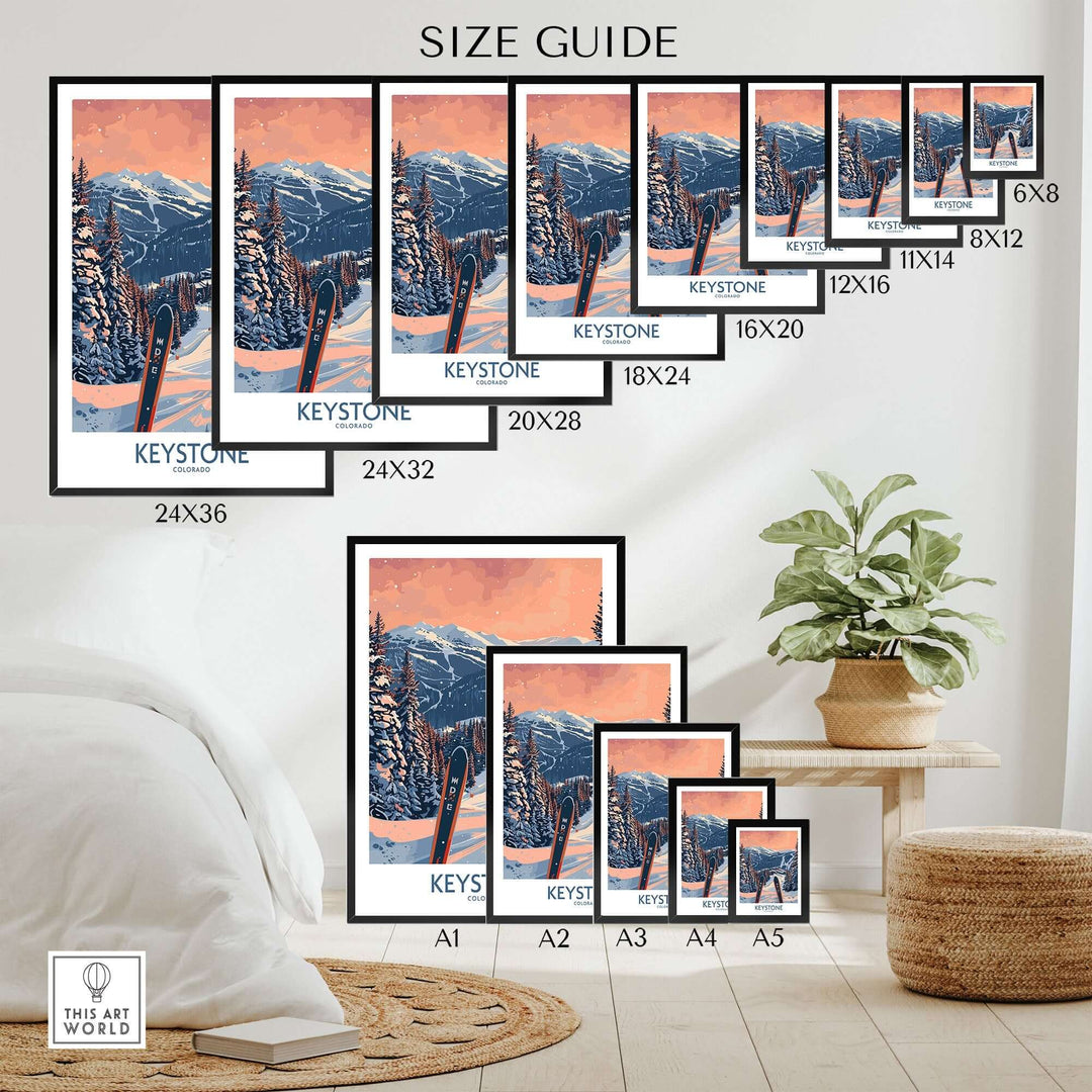 Size guide for Keystone Wall Art featuring Colorado ski poster in various dimensions from 6x8 to 24x36 inches, displayed in a room.