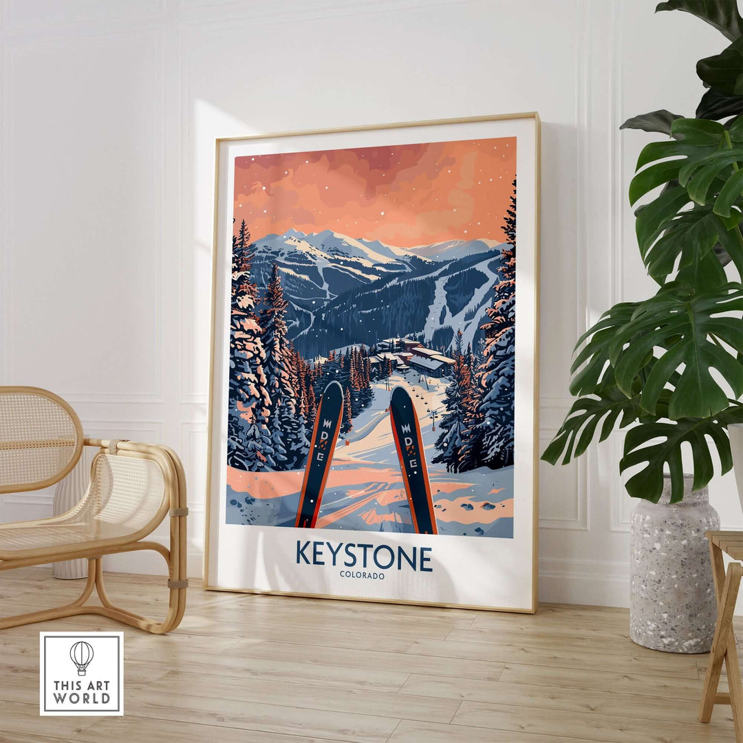 Keystone Colorado ski poster wall art, featuring snowy mountain landscape with skis, displayed in a modern home interior.