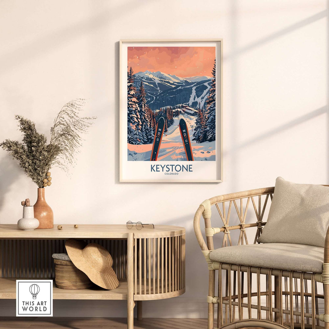 Keystone Colorado ski poster wall art in a cozy living room setting.