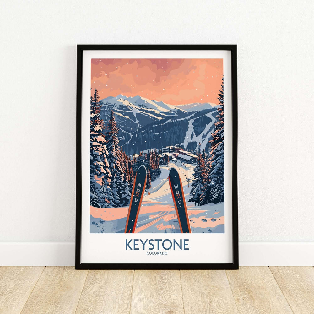 Keystone Colorado Ski Poster Wall Art featuring a picturesque snowy mountain scene with skis in the foreground.