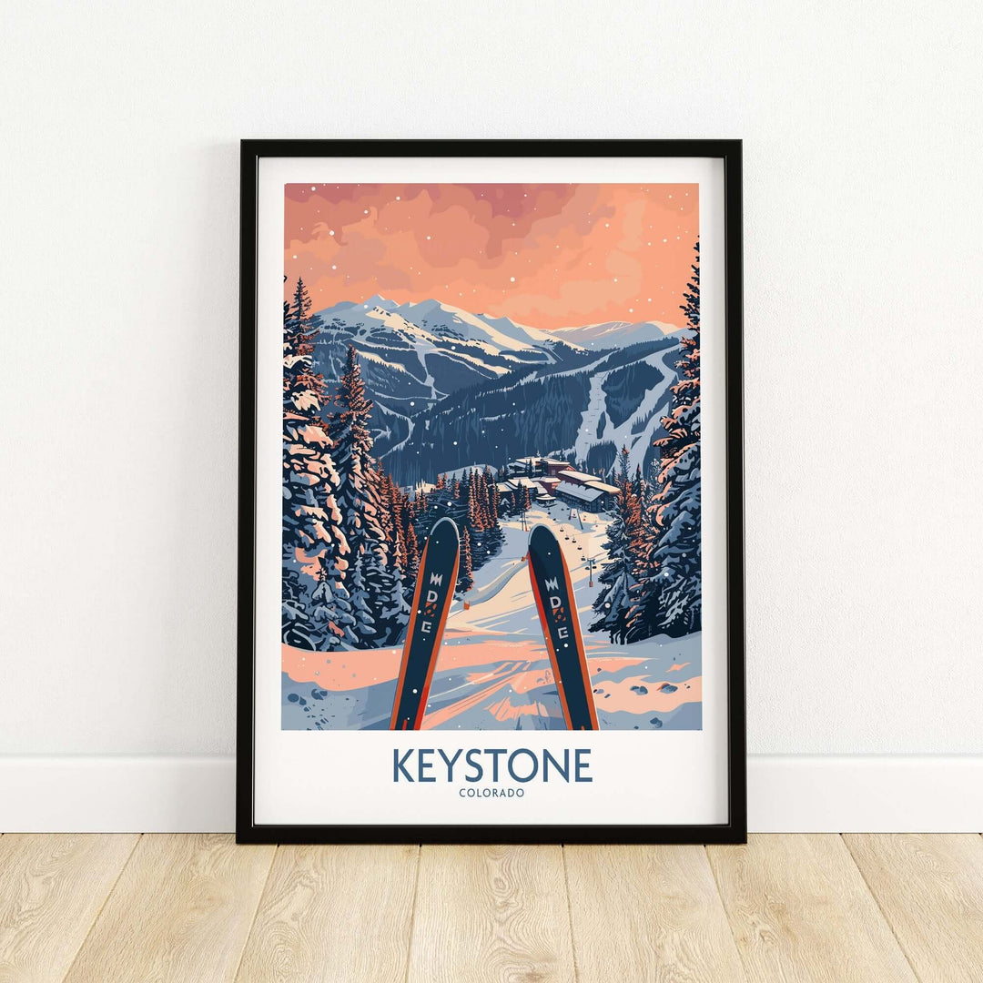 Keystone Colorado Ski Poster Wall Art featuring a picturesque snowy mountain scene with skis in the foreground.