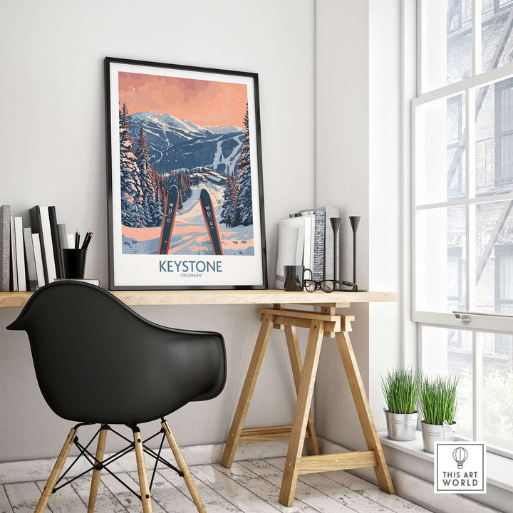 Keystone Wall Art featuring a Colorado Ski Poster displayed on a modern desk in a bright, stylish room.