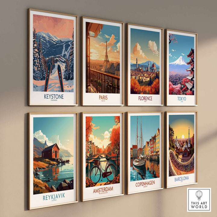 Wall art collection featuring Keystone, Paris, Florence, Tokyo, Reykjavik, Amsterdam, Copenhagen, and Barcelona ski and city posters.