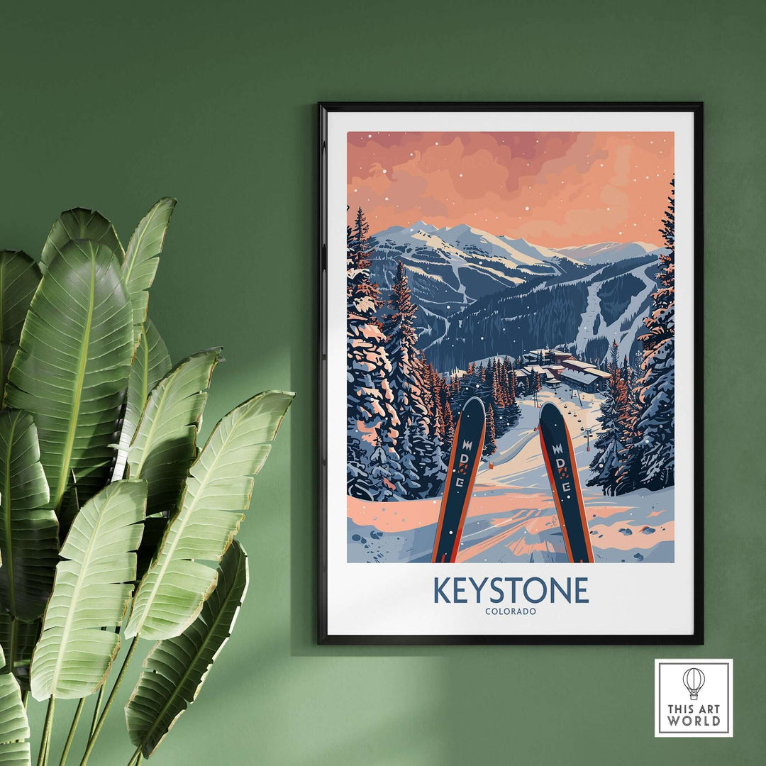 Keystone Colorado ski poster wall art with snowy mountains and ski scene on a green wall background.