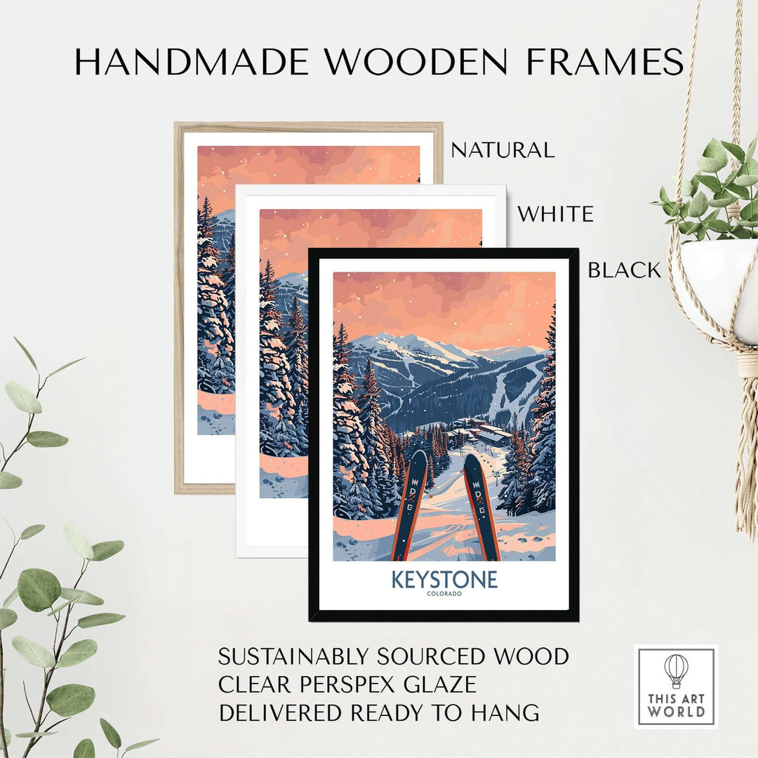 Keystone Colorado ski poster in handmade wooden frames, available in natural, white, and black, with sustainable materials.