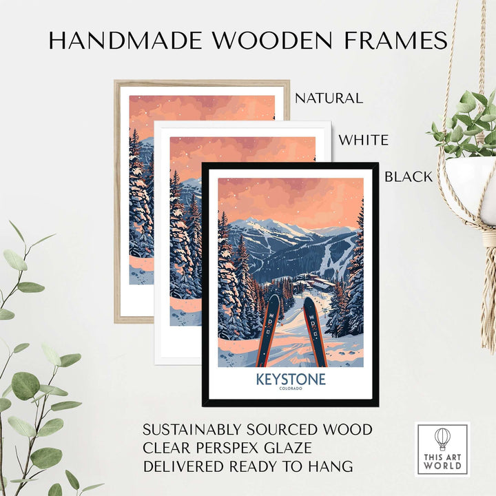 Keystone Colorado ski poster in handmade wooden frames, available in natural, white, and black, with sustainable materials.