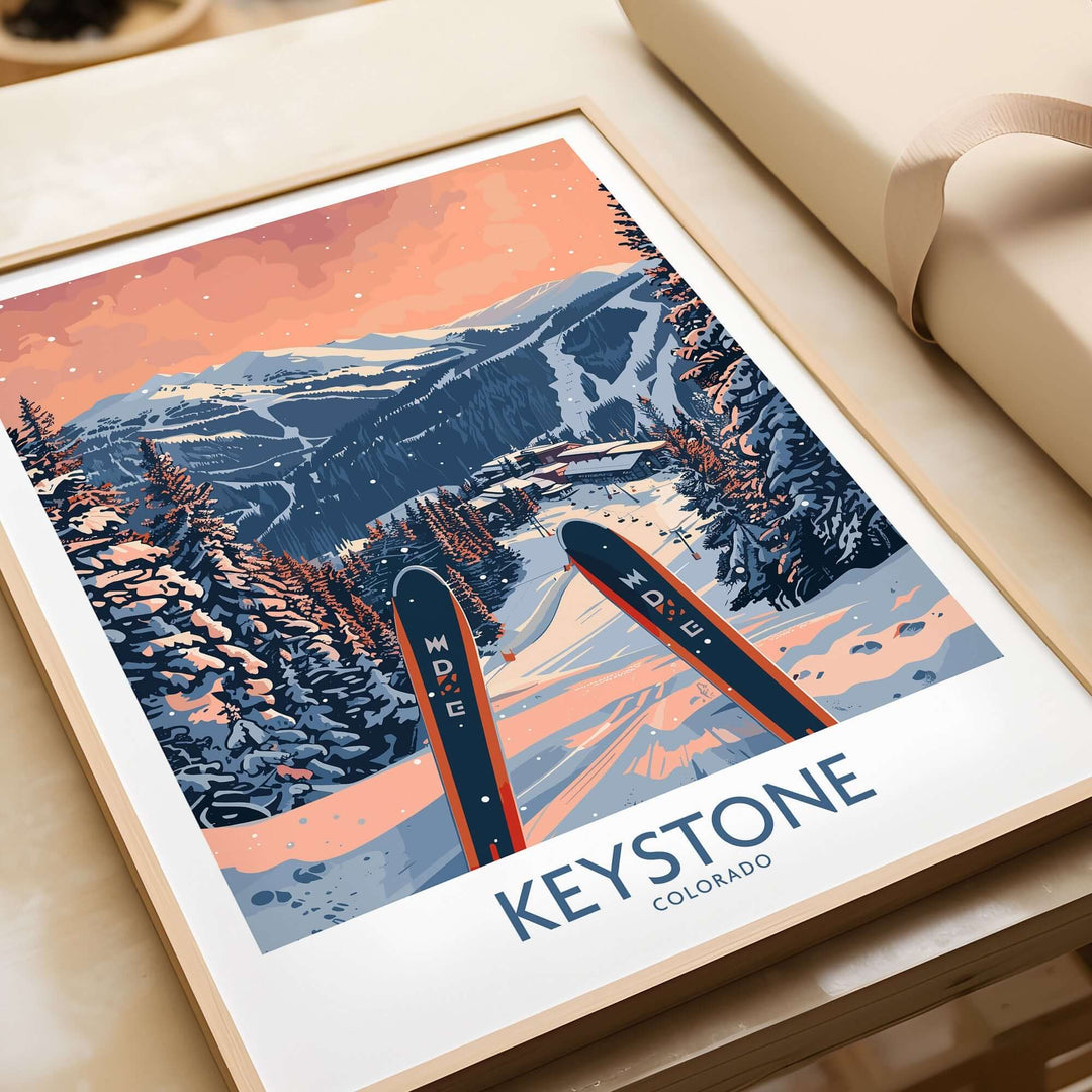 Keystone wall art depicting a scenic Colorado ski landscape with skis in foreground and snow-covered mountains.