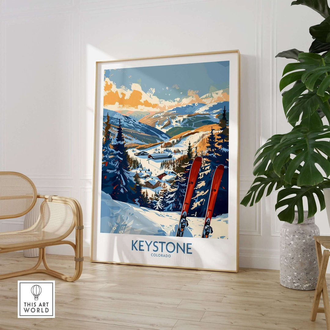 Keystone Colorado ski print wall art poster featuring snowy mountain landscape in stylish interior setting.