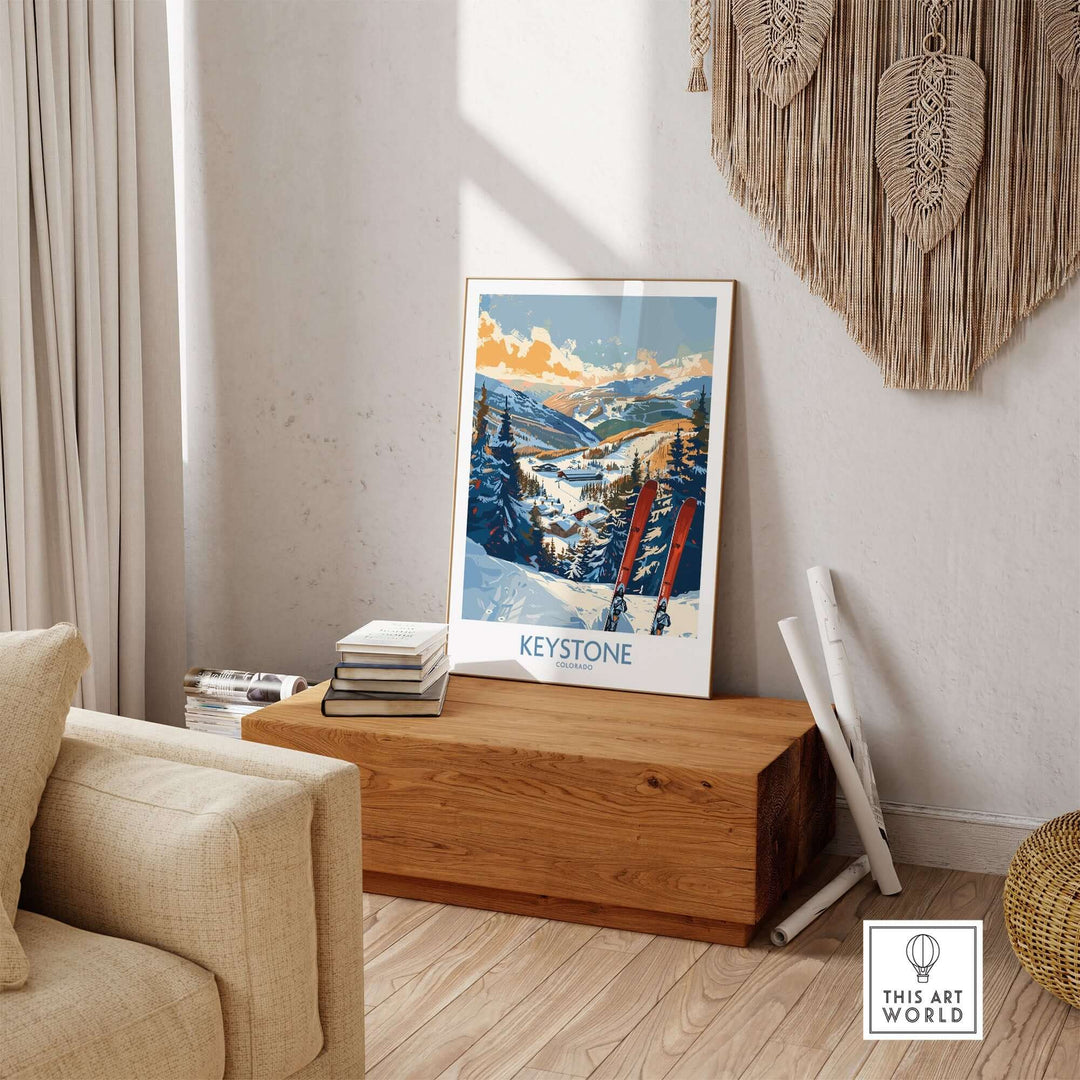 Keystone Wall Art Poster featuring Colorado ski landscape in a cozy living room setting.