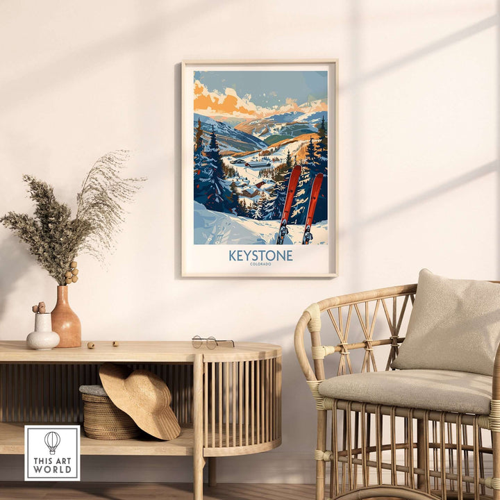 Keystone wall art poster featuring a Colorado ski print, displayed in a cozy room with a rattan chair and wooden console table.