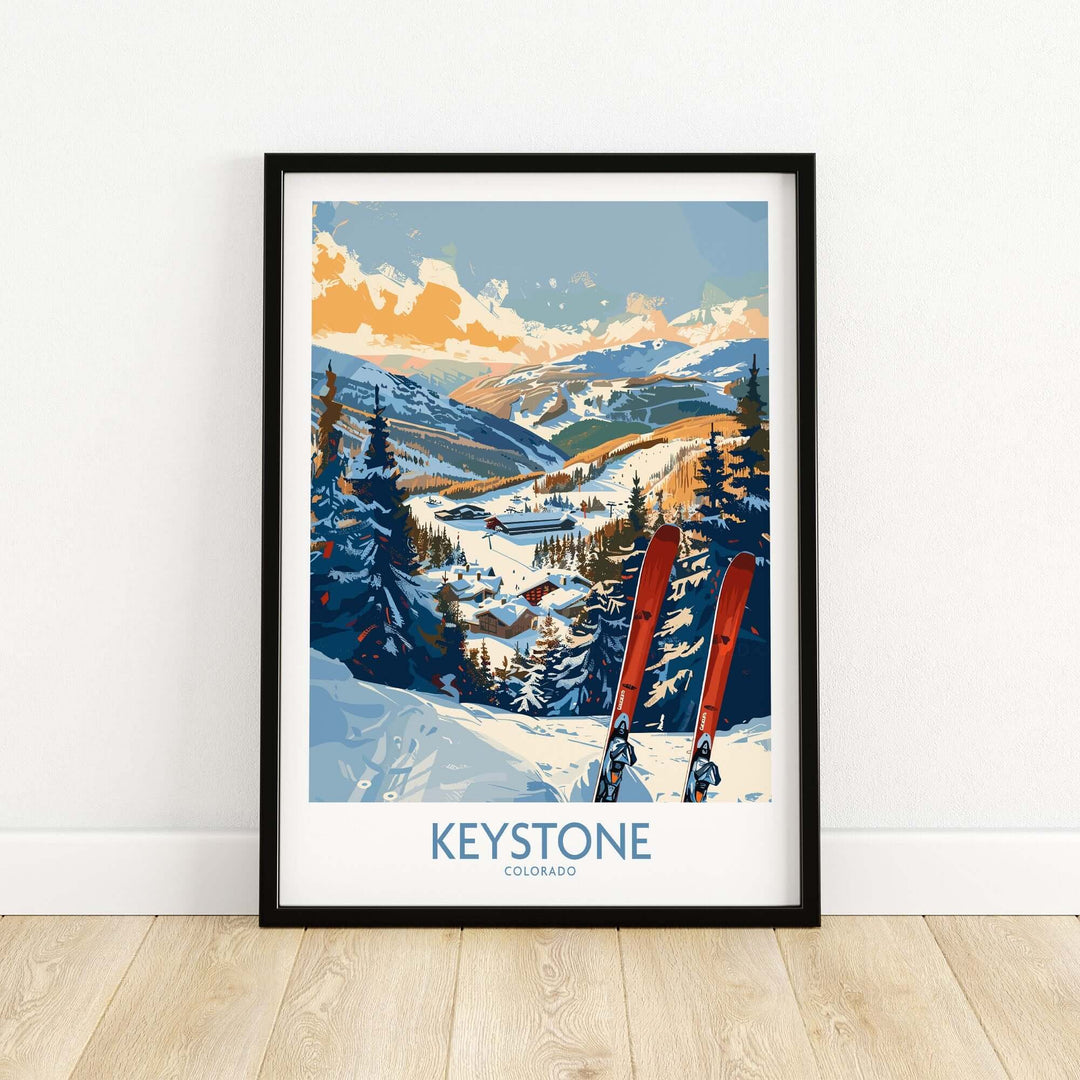 Keystone Wall Art Poster featuring Colorado ski slopes with red skis and snow-covered mountains.