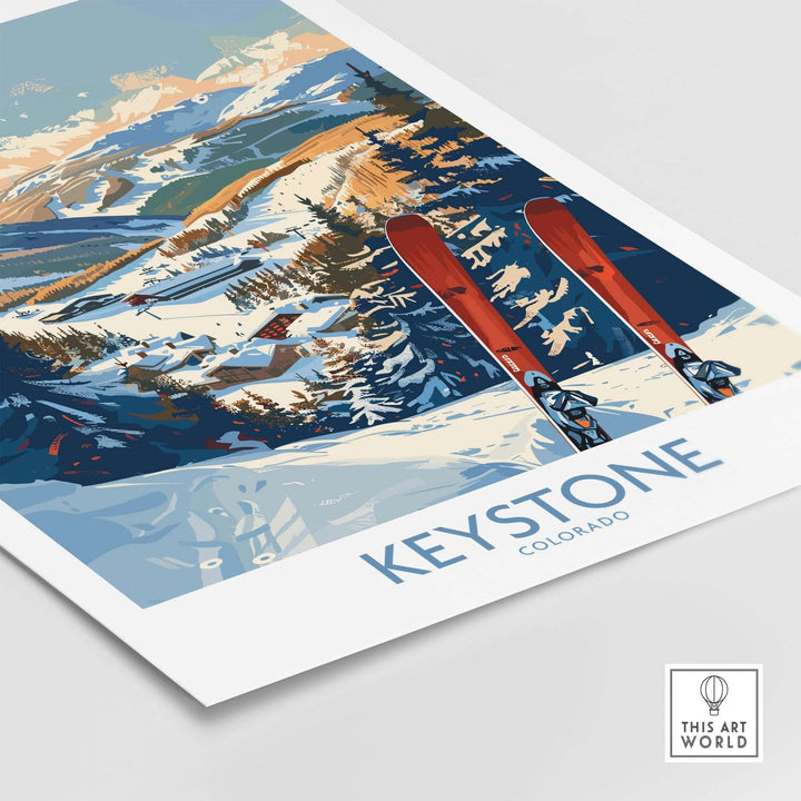 Keystone Colorado ski wall art poster with scenic mountain view and skis, perfect for home decor.