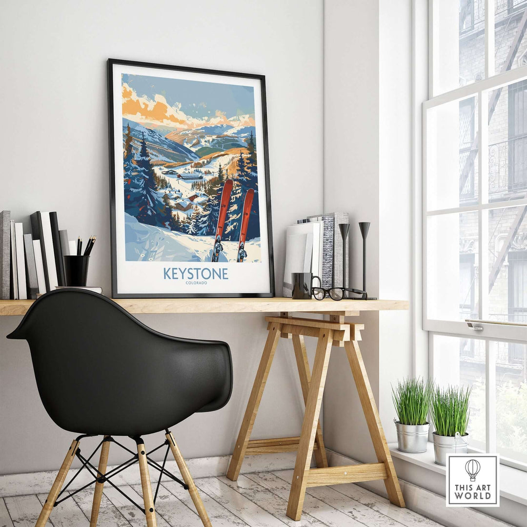 Keystone wall art poster featuring a Colorado ski print in modern home office setting with stylish decor.