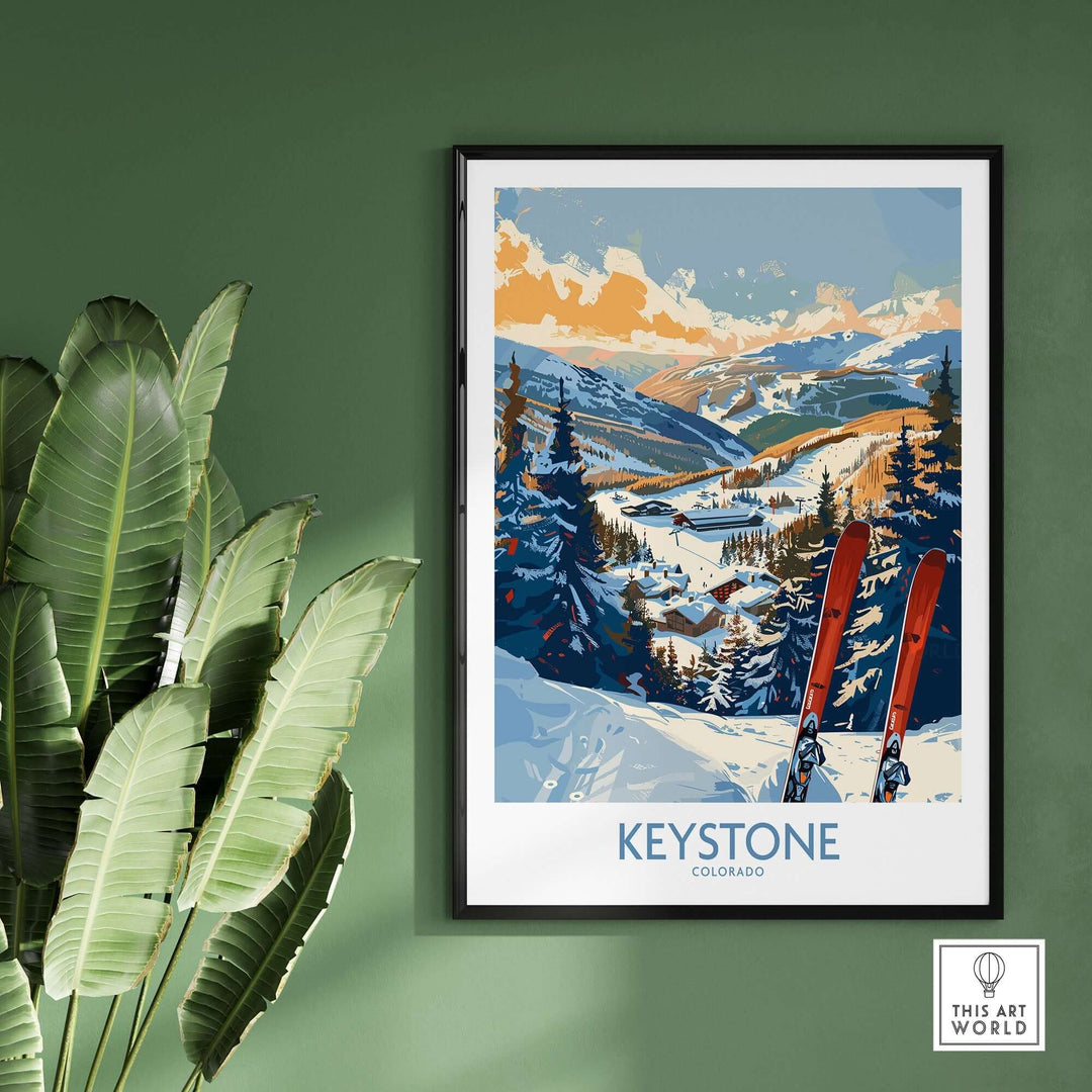 Keystone Colorado ski print wall art with scenic winter landscape, snow-covered mountains, and skis, displayed on a green wall.