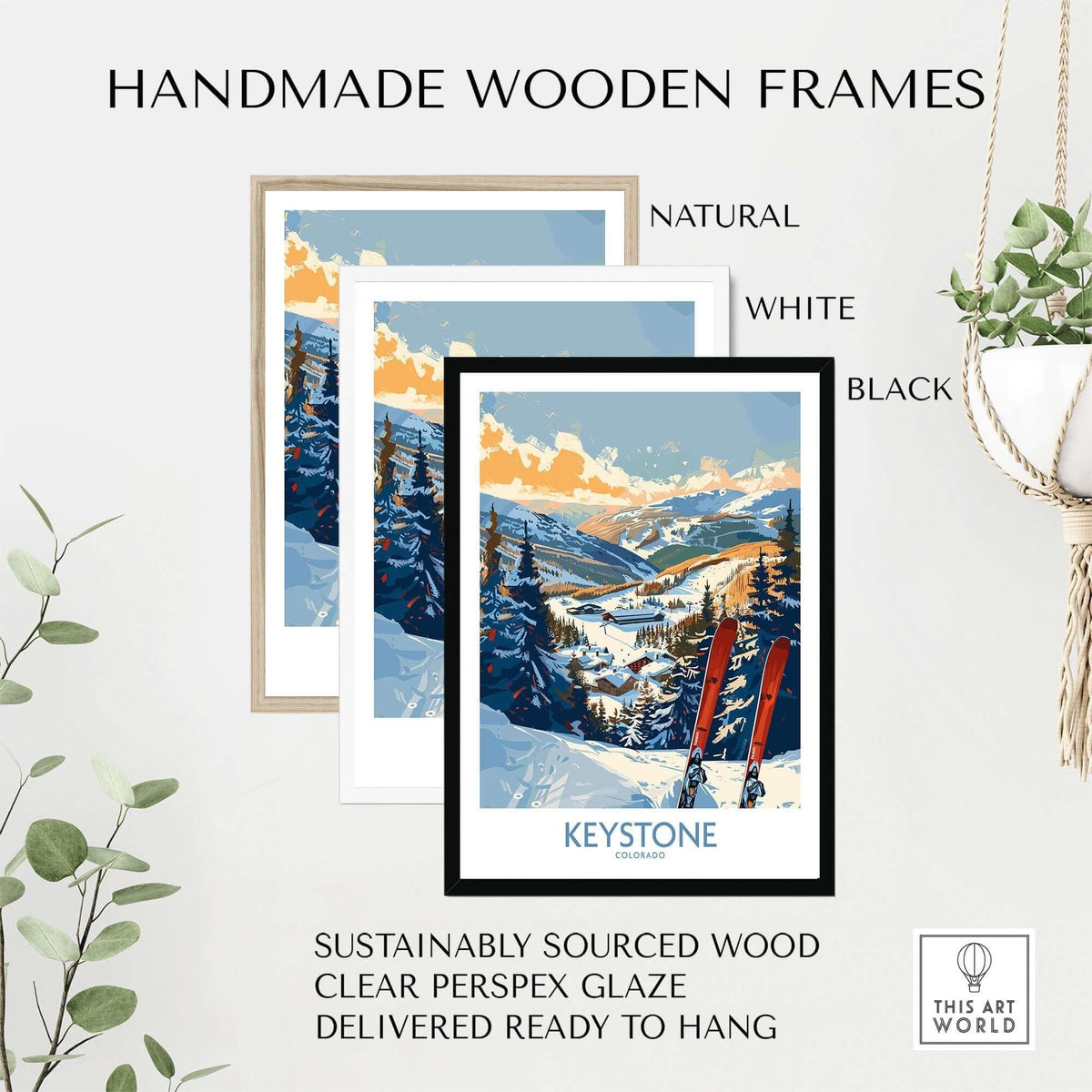 Keystone Colorado ski print poster in handmade wooden frames, available in natural, white, and black, ready to hang.