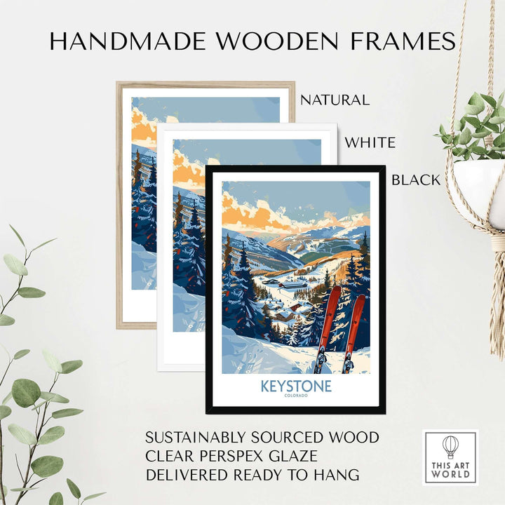 Keystone Colorado ski print poster in handmade wooden frames, available in natural, white, and black, ready to hang.